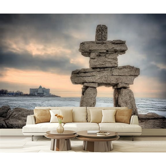 Peel and Stick Wallpaper Inukshuk by lake winter Modern Art Wall Mural Decor Self Adhesive and Removable 69in x 98in