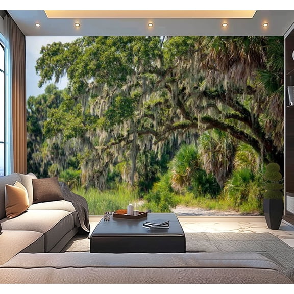 Peel and Stick Wallpaper Live Oaks Palm Trees Spanish Moss Roads Daufuskie Modern Art Wall Mural Decor Self Adhesive and Removable 100in x 144in