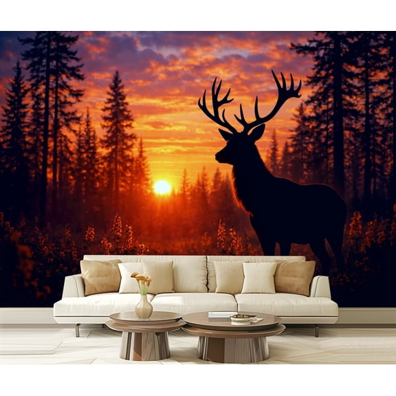 Peel and Stick Wallpaper Majestic Stag Silhouette Against Vibrant Modern Art Wall Mural Decor Self Adhesive and Removable 69in x 98in