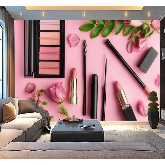 Peel and Stick Wallpaper Make up cosmetics products against pink color Modern Art Wall Mural Decor Self Adhesive and Removable 100in x 144in