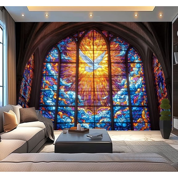 Peel and Stick Wallpaper Medieval Cathedral Glass Holy Fire Saints Divine Light Modern Art Wall Mural Decor Self Adhesive and Removable 100in x 144in