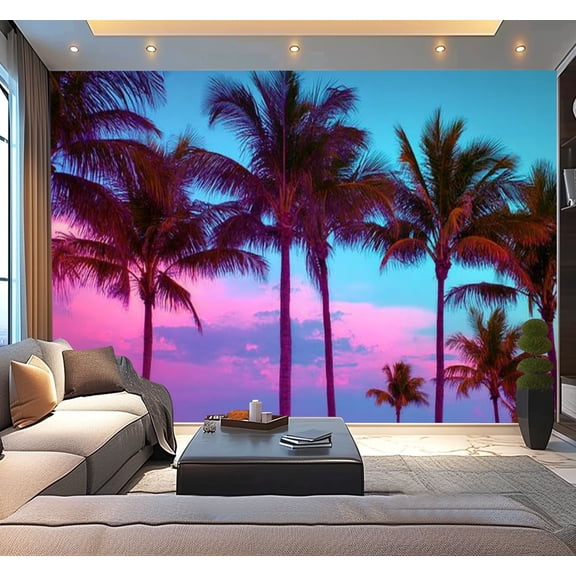 Peel and Stick Wallpaper Miami Beach South Beach sunset palm trees Florida Modern Art Wall Mural Decor Self Adhesive and Removable 100in x 144in