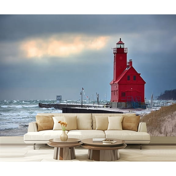 Peel and Stick Wallpaper Michigan red lighthouse winter Modern Art Wall Mural Decor Self Adhesive and Removable 69in x 98in
