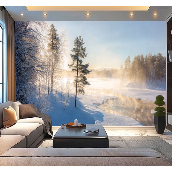 Peel and Stick Wallpaper Mist freezing river sunny cold winter day Modern Art Wall Mural Decor Self Adhesive and Removable 100in x 144in