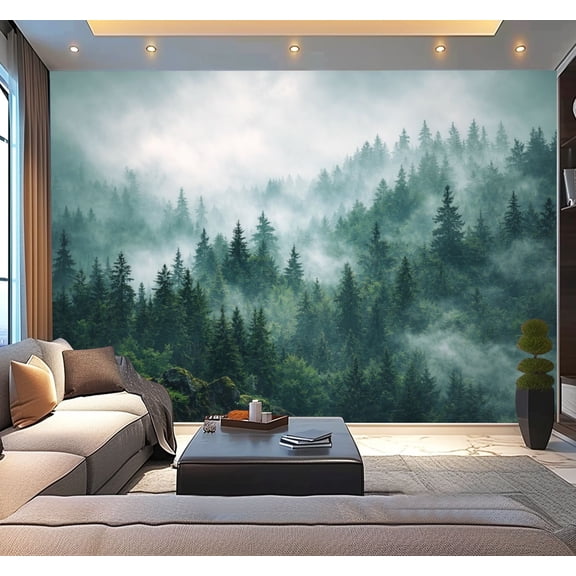 Peel and Stick Wallpaper Waterproof Misty Forest Tall Evergreen Trees Foggy Atmosphere Wall Mural Decor Self Adhesive and Removable 100in x 144in