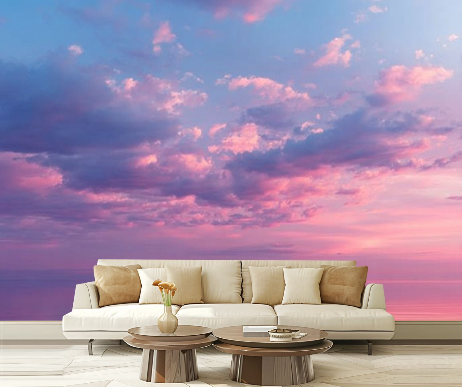 Peel and Stick Wallpaper Misty Lilac Seascape Pink Clouds Modern Art Wall Mural Decor Self Adhesive and Removable 69in x 98in