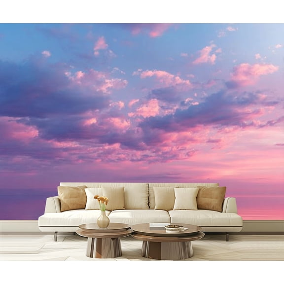 Peel and Stick Wallpaper Misty Lilac Seascape Pink Clouds Modern Art Wall Mural Decor Self Adhesive and Removable 69in x 98in