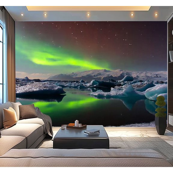 Peel and Stick Wallpaper Mixed dancing Jokulsarlon lagoon Iceland Modern Art Wall Mural Decor Self Adhesive and Removable 100in x 144in