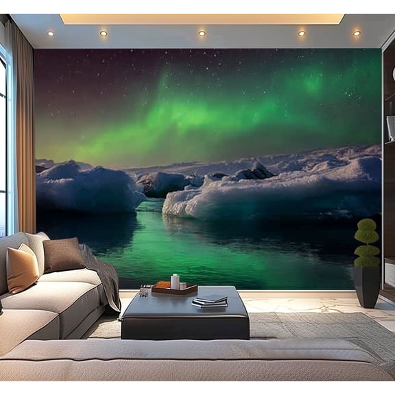 Peel and Stick Wallpaper Mixed dancing Jokulsarlon lagoon Iceland Modern Art Wall Mural Decor Self Adhesive and Removable 100in x 144in