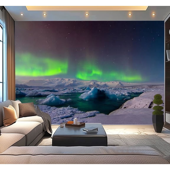 Peel and Stick Wallpaper Mixed dancing Jokulsarlon lagoon Iceland Modern Art Wall Mural Decor Self Adhesive and Removable 100in x 144in