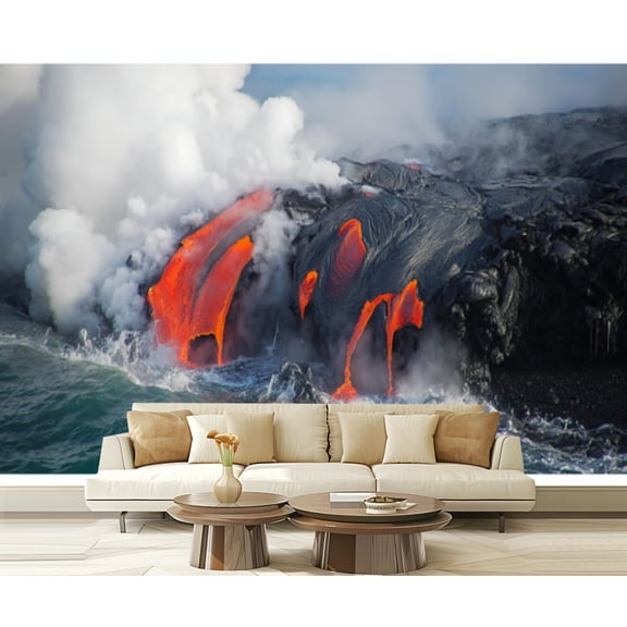 Peel and Stick Wallpaper Molten Lava Flow Entering Ocean Black Rock Shoreline Modern Art Wall Mural Decor Self Adhesive and Removable 69in x 98in