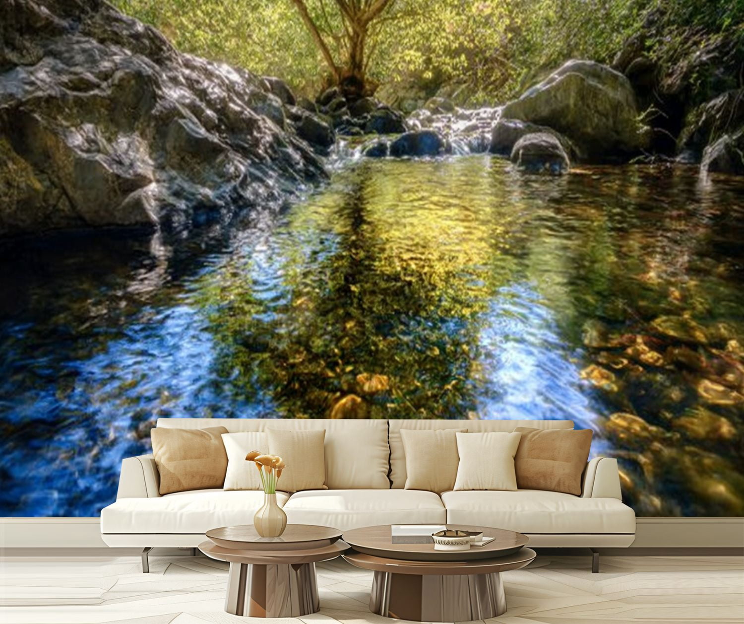 Peel and Stick Wallpaper Mountain river flowing rocks flashes sunlight Modern Art Wall Mural Decor Self Adhesive and Removable 69in x 98in