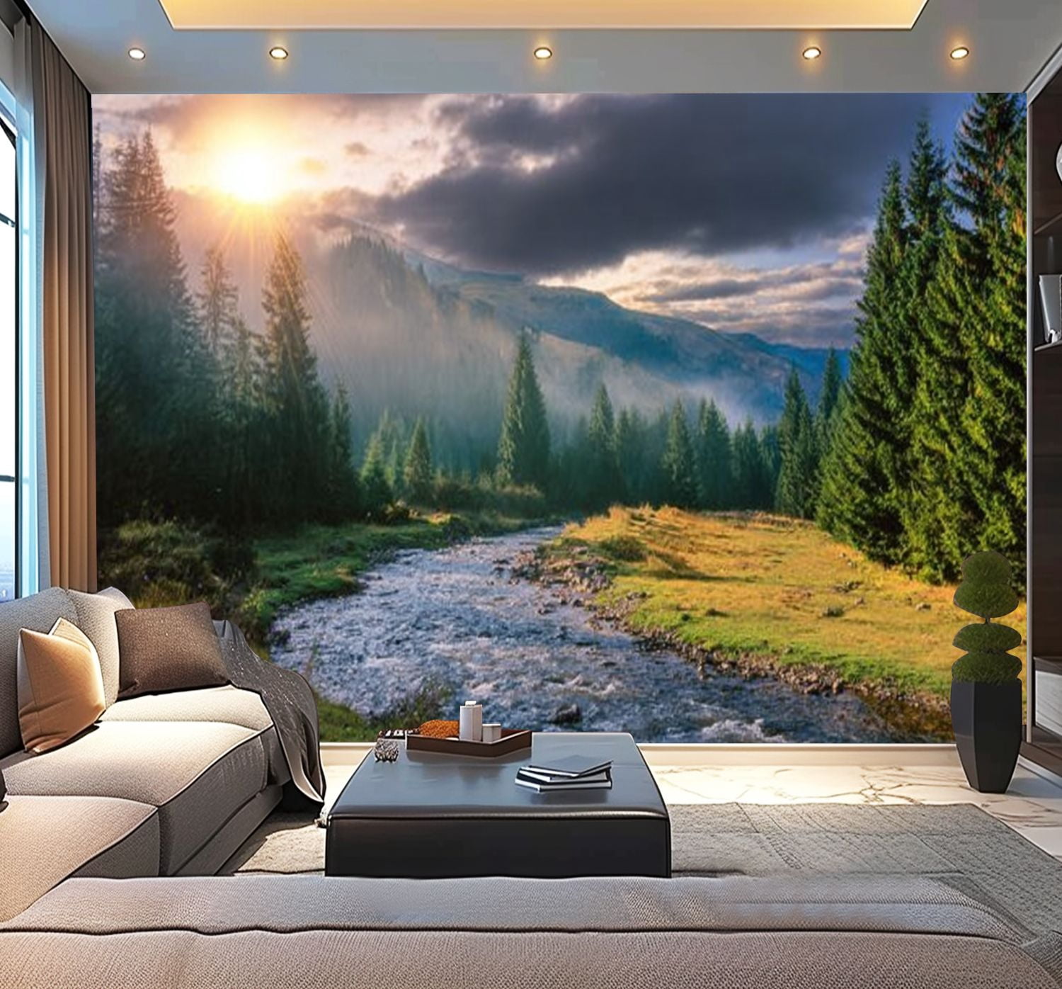 Peel and Stick Wallpaper Mountain river winding forest sunset Modern Art Wall Mural Decor Self Adhesive and Removable 100in x 144in