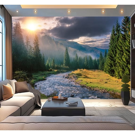 Peel and Stick Wallpaper Mountain river winding forest sunset Modern Art Wall Mural Decor Self Adhesive and Removable 100in x 144in