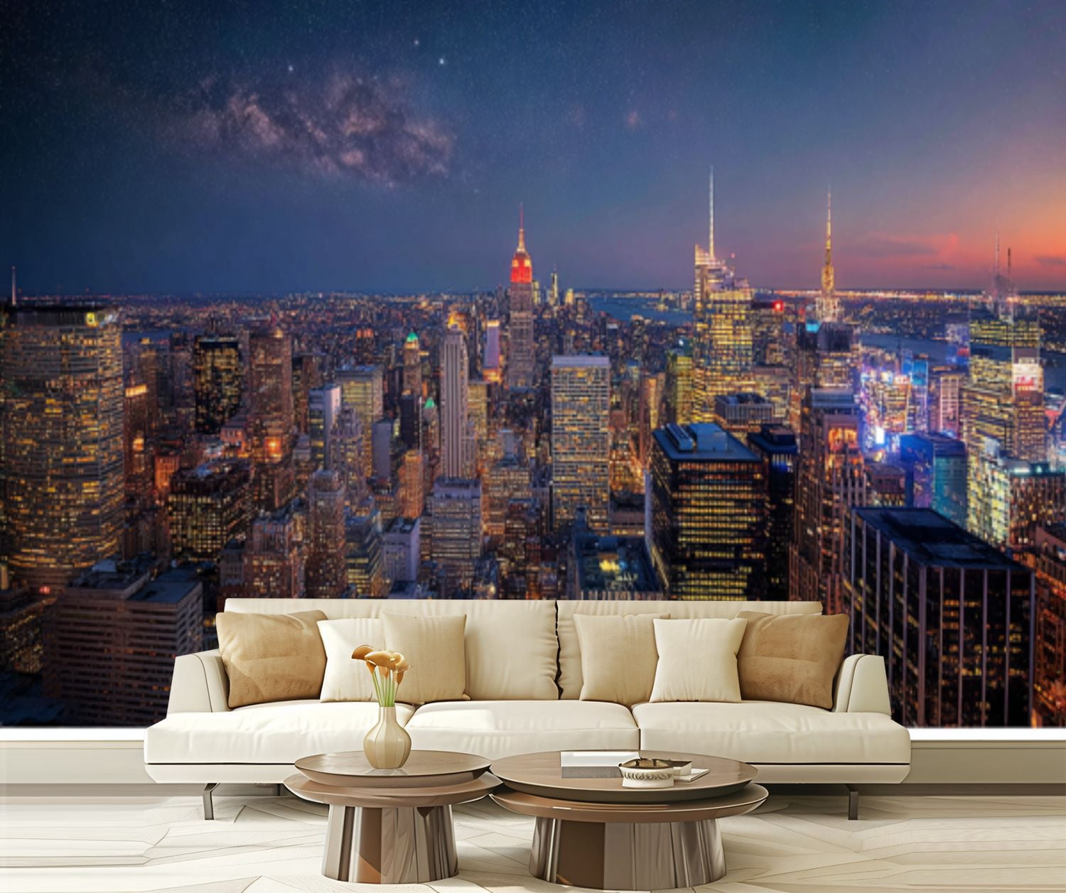 Peel and Stick Wallpaper New York City Skyline Night Stars Bright City Lights Modern Art Wall Mural Decor Self Adhesive and Removable 69in x 98in