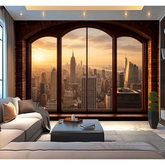 Peel and Stick Wallpaper New York City Skyline Sunset View from Brick Window Modern Art Wall Mural Decor Self Adhesive and Removable 100in x 144in