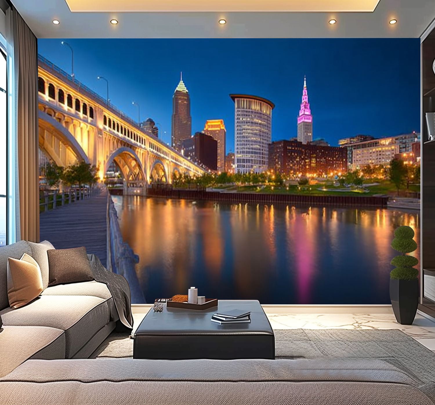 Peel and Stick Wallpaper Night time photo downtown Clevelands skyline Modern Art Wall Mural Decor Self Adhesive and Removable 100in x 144in