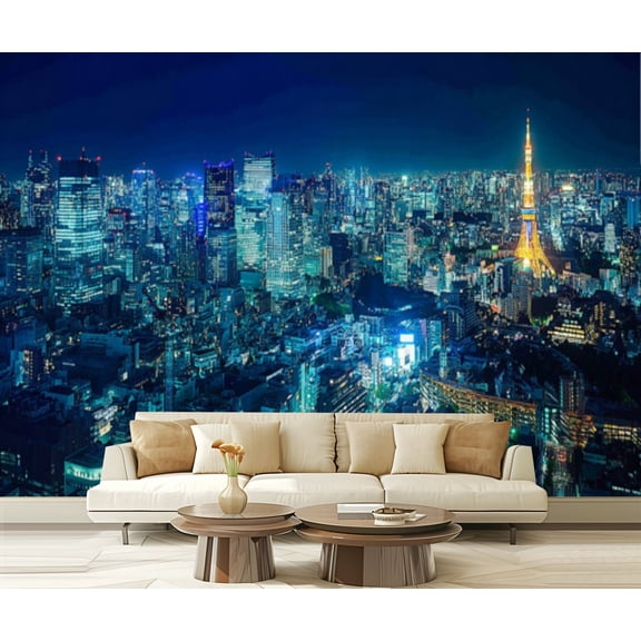 Peel and Stick Wallpaper Nighttime Tokyo Skyline Illuminated Tokyo Tower Modern Art Wall Mural Decor Self Adhesive and Removable 69in x 98in