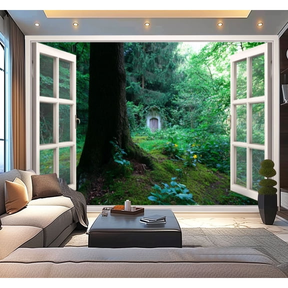 Peel and Stick Wallpaper Open Window View Forest Wooden Door Greenery Modern Art Wall Mural Decor Self Adhesive and Removable 100in x 144in
