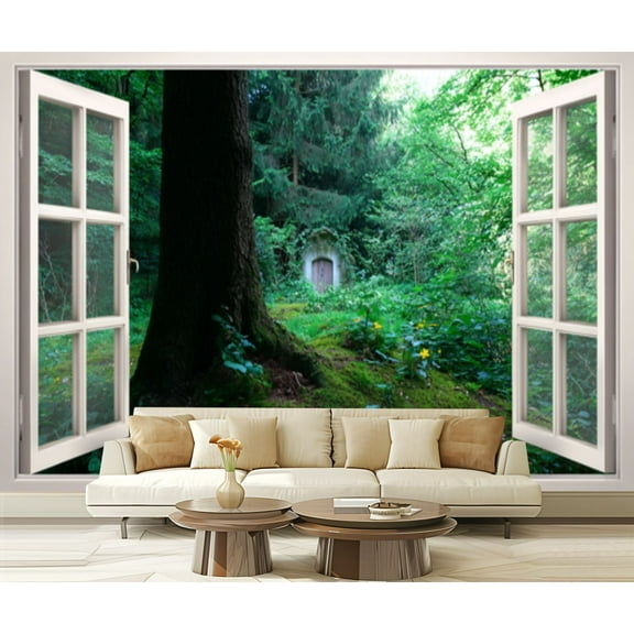 Peel and Stick Wallpaper Open Window View Forest Wooden Door Greenery Modern Art Wall Mural Decor Self Adhesive and Removable 69in x 98in