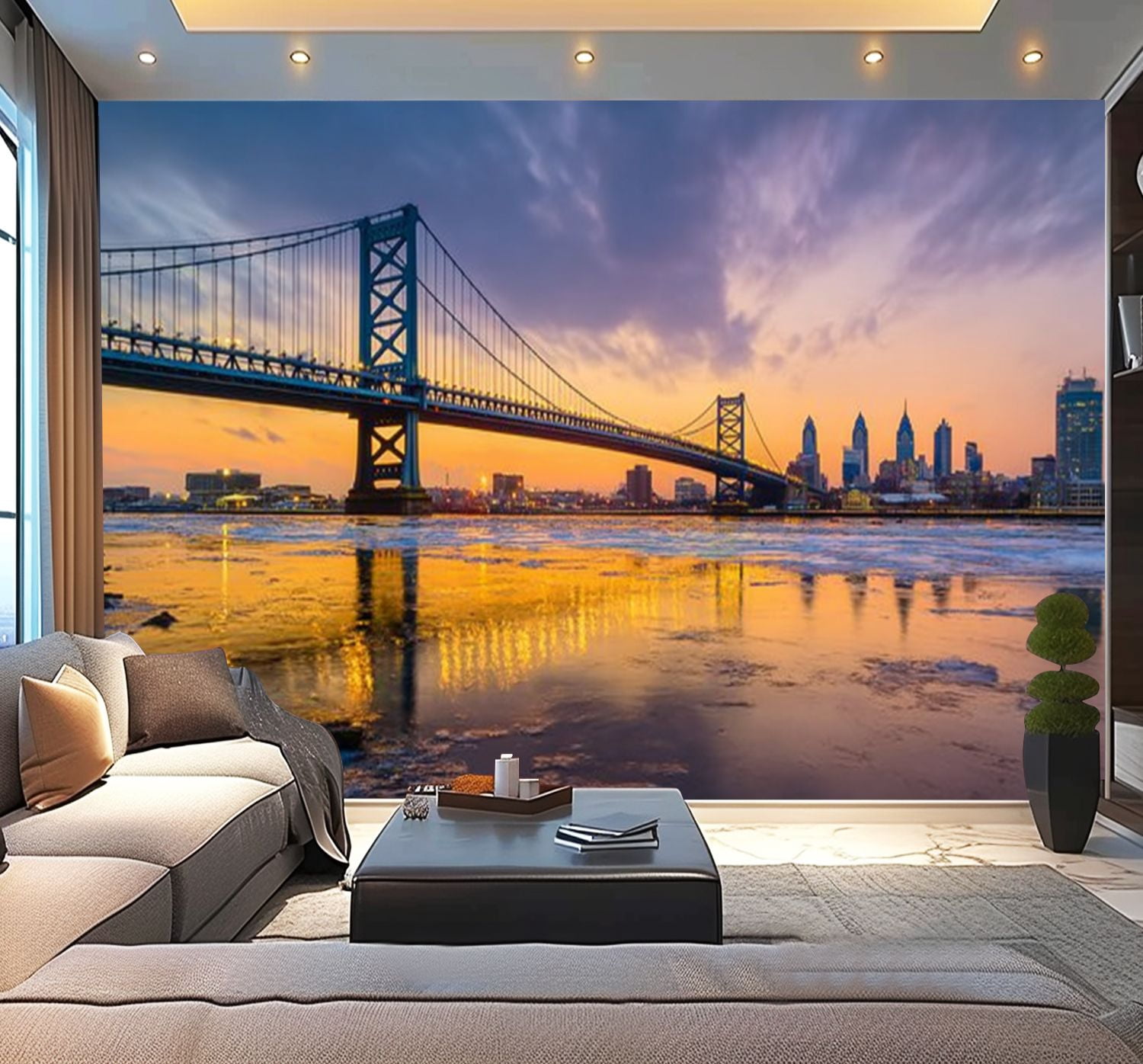 Peel and Stick Wallpaper Panorama Philadelphia skyline Bridge s Landing Modern Art Wall Mural Decor Self Adhesive and Removable 100in x 144in