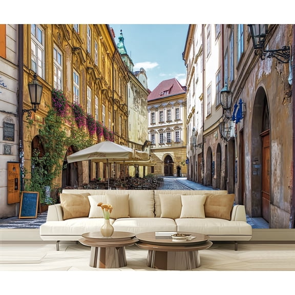 Peel and Stick Wallpaper Prague Street Old town street restaurant Modern Art Wall Mural Decor Self Adhesive and Removable 69in x 98in