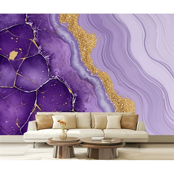 Peel and Stick Wallpaper Purple Agate Geode Gold Accents Modern Art Wall Mural Decor Self Adhesive and Removable 69in x 98in