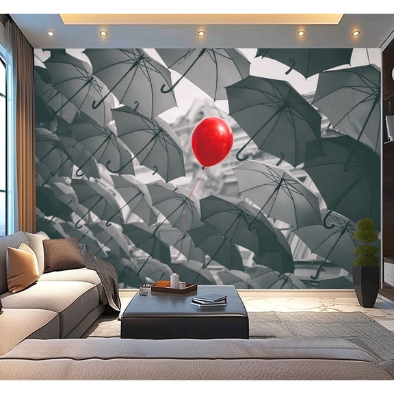 Peel and Stick Wallpaper Red Balloon Floating Among Umbrellas Black White Sky Modern Art Wall Mural Decor Self Adhesive and Removable 100in x 144in