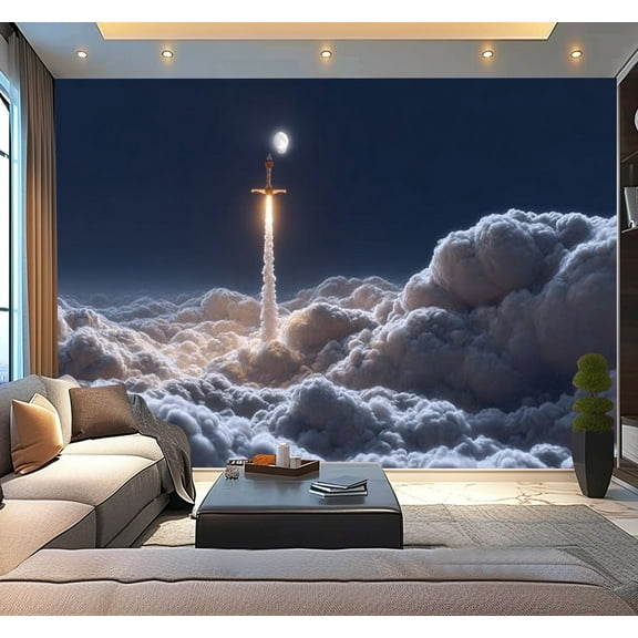 Peel and Stick Wallpaper Rocket flies clouds Modern Art Wall Mural Decor Self Adhesive and Removable 100in x 144in