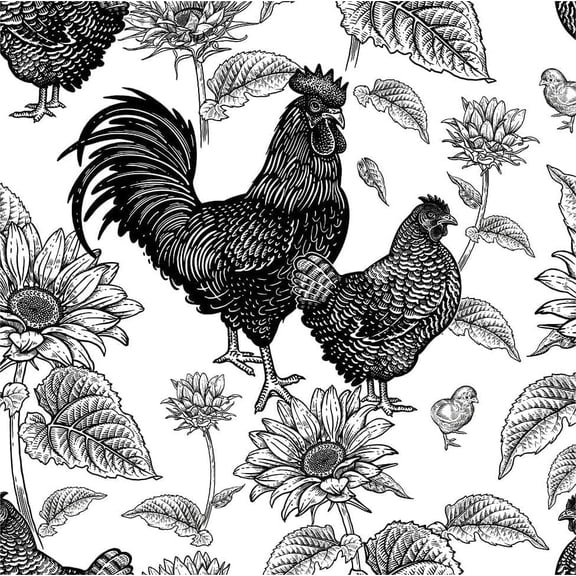 Peel and Stick Wallpaper Rooster Sunflowers Design Black White Self-Adhesive Removable Roll for Walls