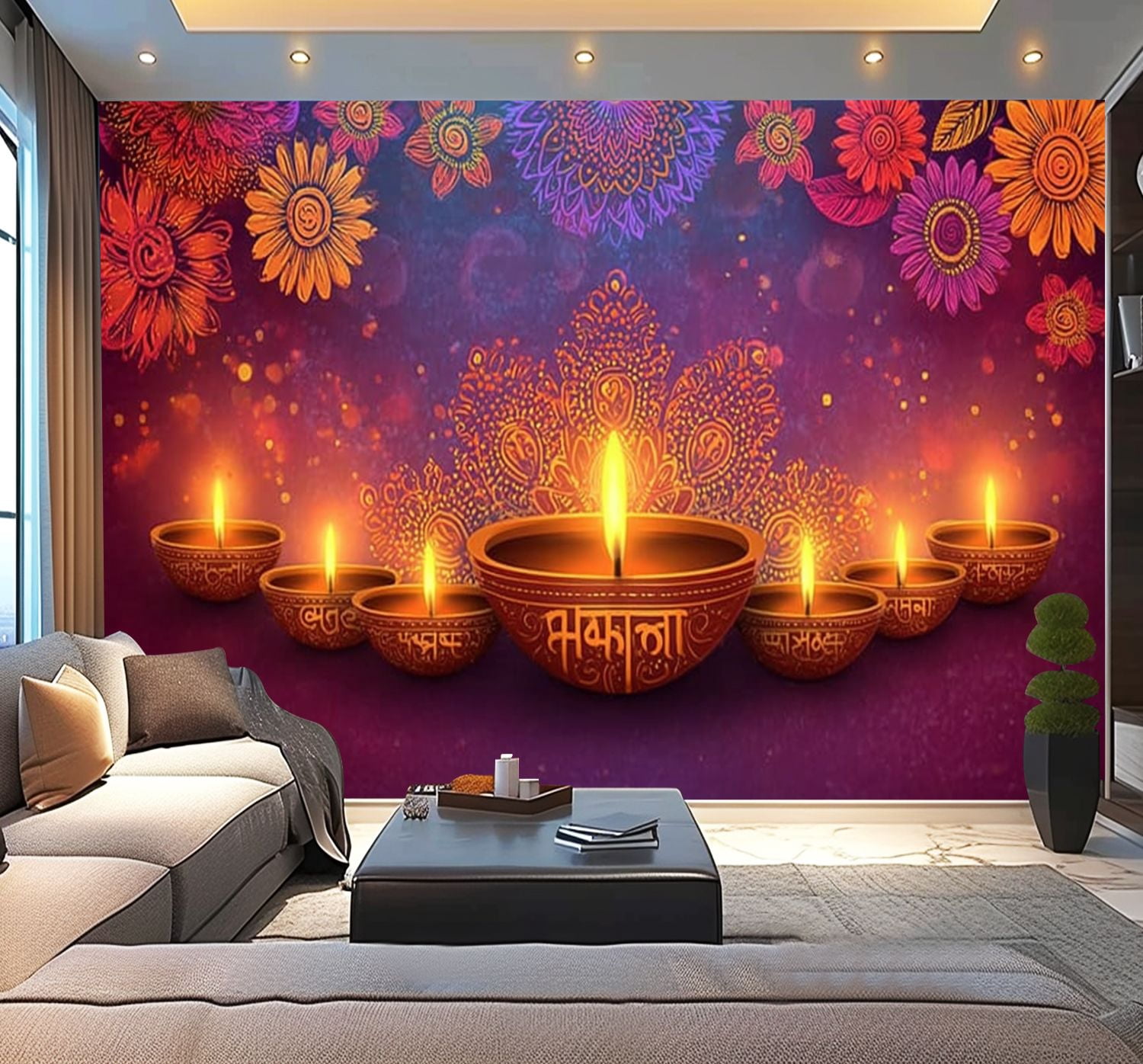 Peel and Stick Wallpaper Shiny colorful floral illuminated 3D Oil Lamps Diya Modern Art Wall Mural Decor Self Adhesive and Removable 100in x 144in