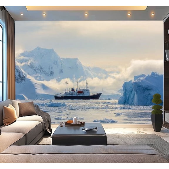Peel and Stick Wallpaper Small passenger vessel between ice Antarctica Modern Art Wall Mural Decor Self Adhesive and Removable 100in x 144in