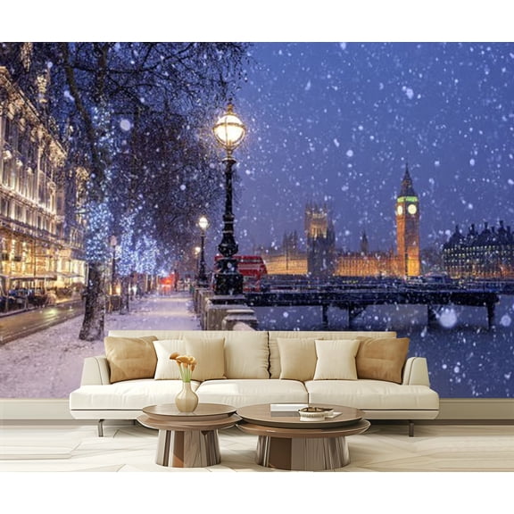 Peel and Stick Wallpaper Snowing Jubilee Gardens London dusk Modern Art Wall Mural Decor Self Adhesive and Removable 69in x 98in