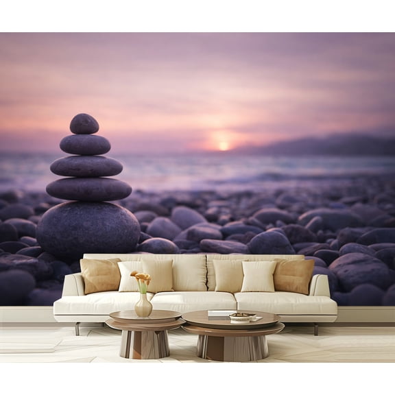 Peel and Stick Wallpaper Waterproof Stacked Stones Pebble Beach Sunset Wall Mural Decor Self Adhesive and Removable 69in x 98in