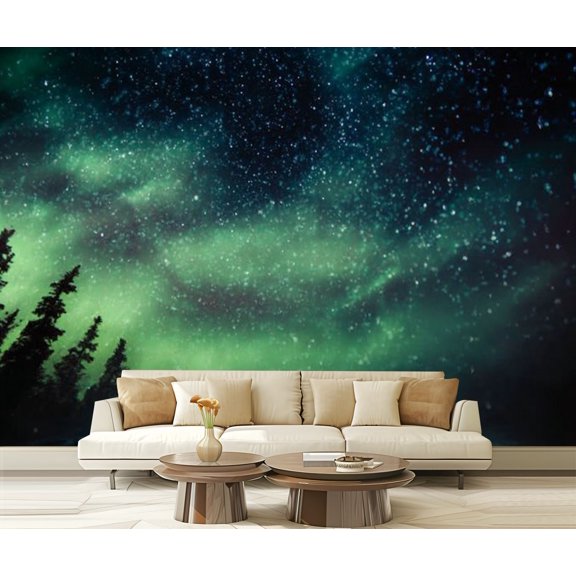 Peel and Stick Wallpaper Stars Night Sky Auroras Trees Modern Art Wall Mural Decor Self Adhesive and Removable 69in x 98in