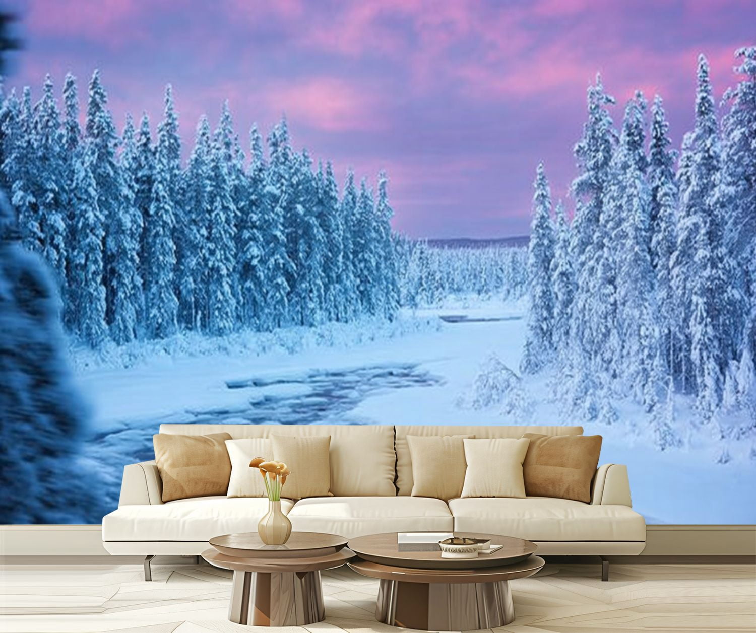 Peel and Stick Wallpaper Sunrise river rapids winter landscape Finnish Lapland Modern Art Wall Mural Decor Self Adhesive and Removable 69in x 98in