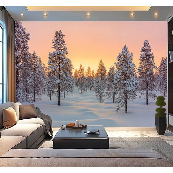 Peel and Stick Wallpaper Sunset winter forest trees snow Modern Art Wall Mural Decor Self Adhesive and Removable 100in x 144in