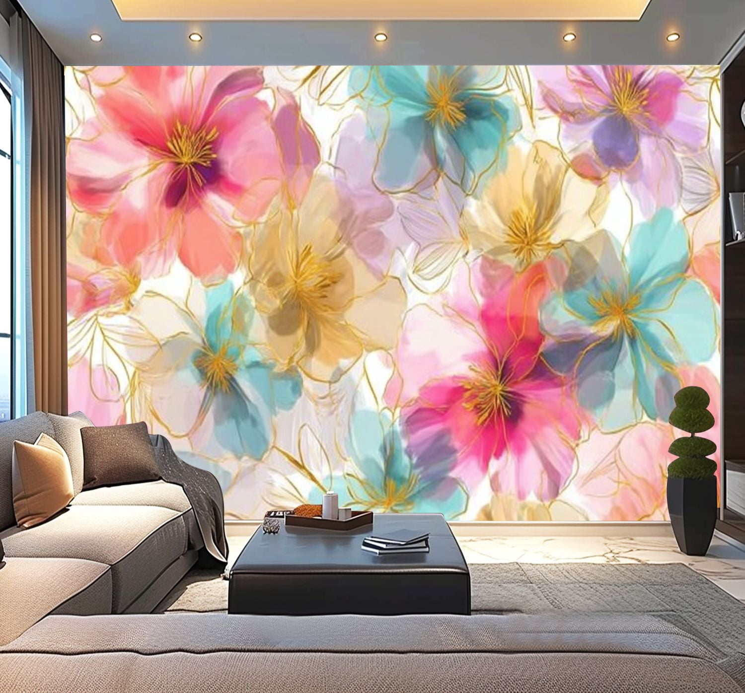 Peel and Stick Wallpaper Sweet flower watercolor soft pastel colors water color Modern Art Wall Mural Decor Self Adhesive and Removable 100in x 144in