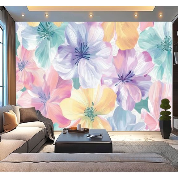Peel and Stick Wallpaper Sweet flower watercolor soft pastel colors water color Modern Art Wall Mural Decor Self Adhesive and Removable 100in x 144in