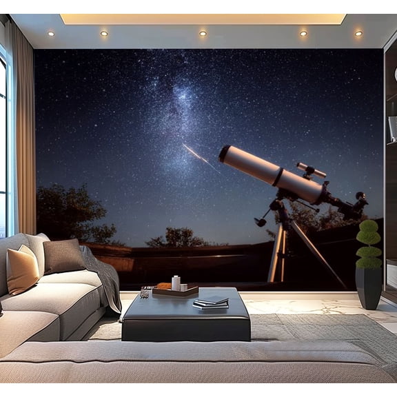 Peel and Stick Wallpaper Telescope watching sky falling star 3d rendering Modern Art Wall Mural Decor Self Adhesive and Removable 100in x 144in
