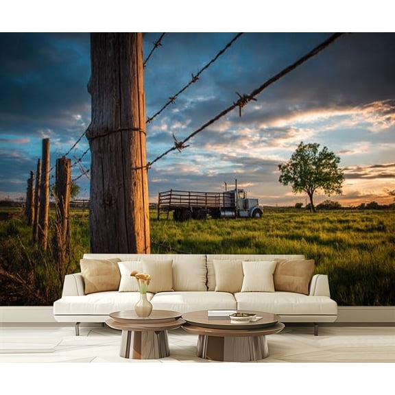Peel and Stick Wallpaper Texas Ranch Tractor Seen Barbed Wire Fence Sunset Modern Art Wall Mural Decor Self Adhesive and Removable 69in x 98in