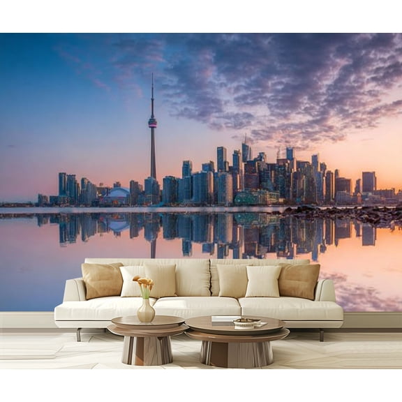 Peel and Stick Wallpaper Toronto Skyline sunset reflection Toronto Canada Modern Art Wall Mural Decor Self Adhesive and Removable 69in x 98in