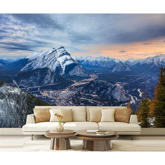 Peel and Stick Wallpaper Town Banff winter dusk Sky colorful rosy clouds Canadian Modern Art Wall Mural Decor Self Adhesive and Removable 69in x 98in