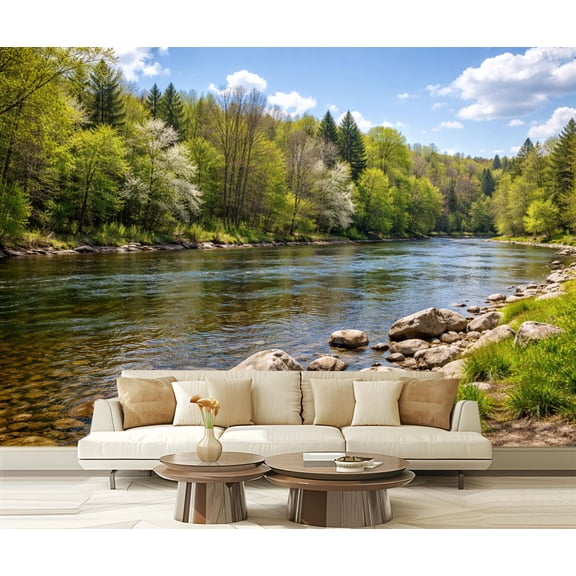 Peel and Stick Wallpaper Tranquil River Rocks Greenery Peaceful Forest Setting Modern Art Wall Mural Decor Self Adhesive and Removable 69in x 98in