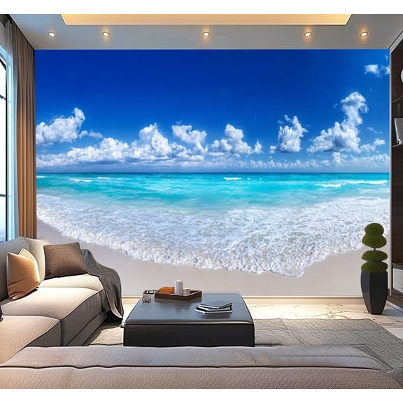 Peel and Stick Wallpaper Tropical Beach cloudy deep blue sky Modern Art Wall Mural Decor Self Adhesive and Removable 100in x 144in