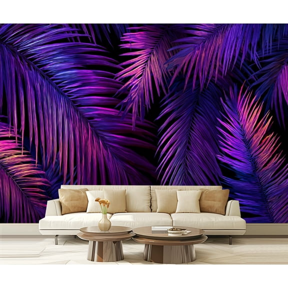 Peel and Stick Wallpaper Tropical Neon Palm Leaves Jungle Purple Colored Modern Art Wall Mural Decor Self Adhesive and Removable 69in x 98in