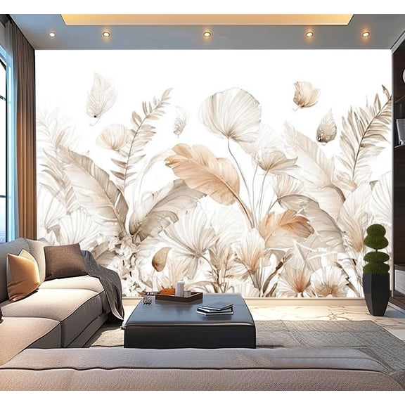 Peel and Stick Wallpaper Tropical border Beige watercolor exotic leaves Modern Art Wall Mural Decor Self Adhesive and Removable 100in x 144in