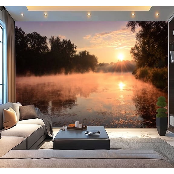 Peel and Stick Wallpaper View river mist sunrise river Modern Art Wall Mural Decor Self Adhesive and Removable 100in x 144in