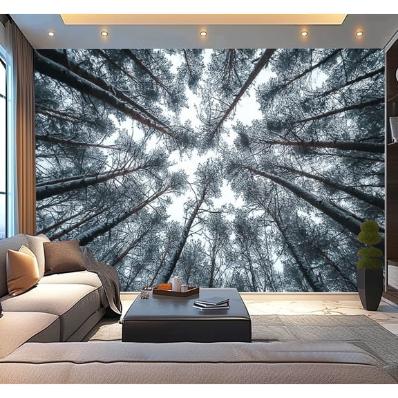 Peel and Stick Wallpaper View tops pine trees winter forest from ground Modern Art Wall Mural Decor Self Adhesive and Removable 100in x 144in