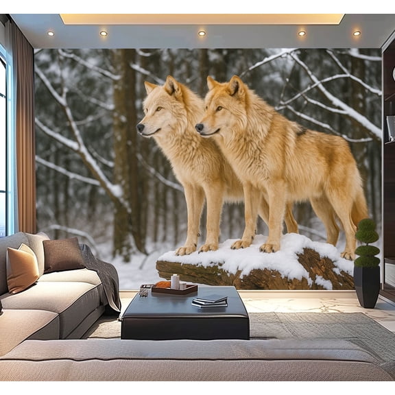 Peel and Stick Wallpaper Waterproof Arctic Wolves Pack Winter Forest Wall Mural Decor Self Adhesive and Removable 100in x 144in